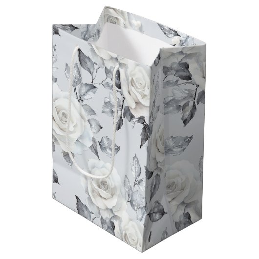 Chic grijs zilver wit bloem bruiloft medium cadeauzakje (Voorkant Gekanteld)