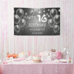 Chic grijze ballonnen sterren 16e verjaardag spandoek