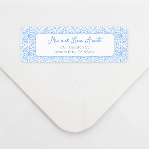 Chic grillig blauw Tegel Patroon Mediterraan Etiket