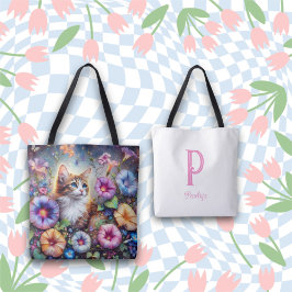 Chic grillige kat bloem tuin monogram tote bag