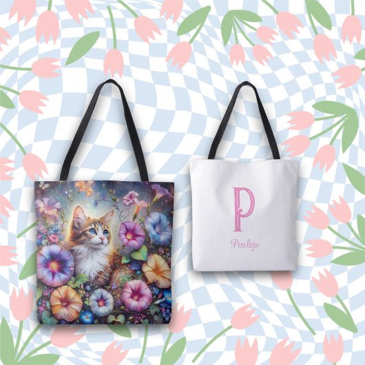 Chic grillige kat bloem tuin monogram tote bag