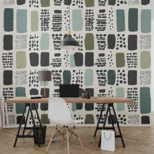 Chic groen, beige en zwart patroon behang