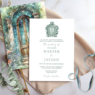 Chic Groen, Blauwgroen, Blauwe Waterverf Monogram  Kaart