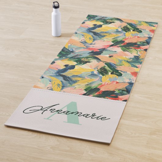 Chic Groen en Roze Abstracte Bloemnaam Monogram Yogamat (In situ)