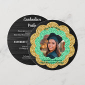 Chic Groen Goud Bloemen Foto Afstudeerfeest Kaart (Voorkant / Achterkant)