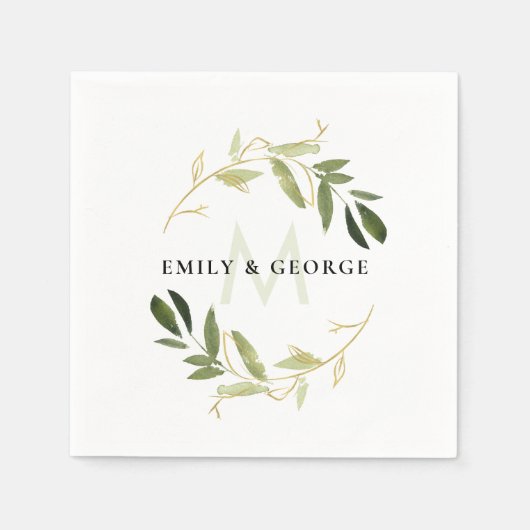 CHIC GROEN GOUD GEBLADERTE KRANS MONOGRAM BRUILOFT SERVET (Voorkant)