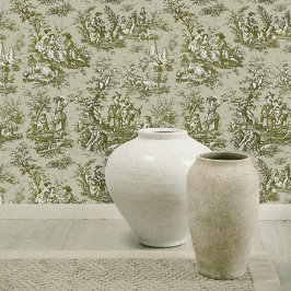 Chic  groen grijs toile de jouy bedrukt behang