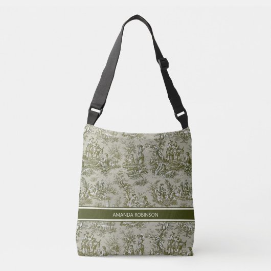Chic  groen grijs toile de jouy bedrukt crossbody tas (Voorkant)