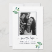 Chic Groen Loof Donkerblauw Foto Bewaar de Datum Kaart (Voorkant)