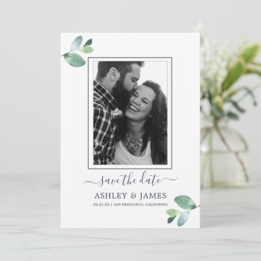 Chic Groen Loof Donkerblauw Foto Bewaar de Datum Kaart (Staand voorkant)