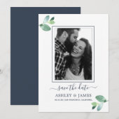 Chic Groen Loof Donkerblauw Foto Bewaar de Datum Kaart (Voorkant / Achterkant)