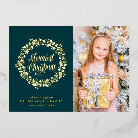 Chic groen met kerstkrans foto folie feestdagenkaart (Voorkant)