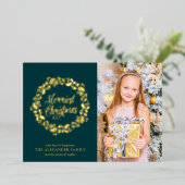 Chic groen met kerstkrans foto folie feestdagenkaart (Staand Voorkant)