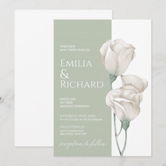 Chic groene pastel poeder witte bloemen bruiloft kaart (Voorkant / Achterkant)