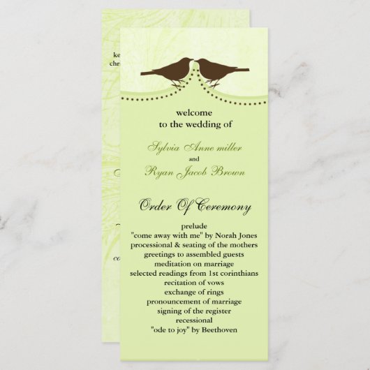 Chic groene vogelkooi, liefde vogels bruiloft prog programmakaart (Voorkant / Achterkant)