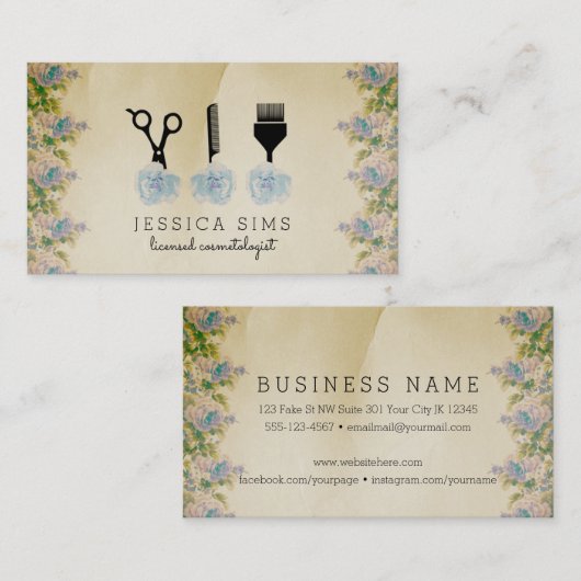 Chic  hair stylist hairstylist blauw roos visitekaartje (Voorkant / Achterkant)
