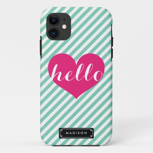 Chic Hallo Hot Pink Heart | Aangepaste mint-stripe Case-Mate iPhone Case (Achterkant)