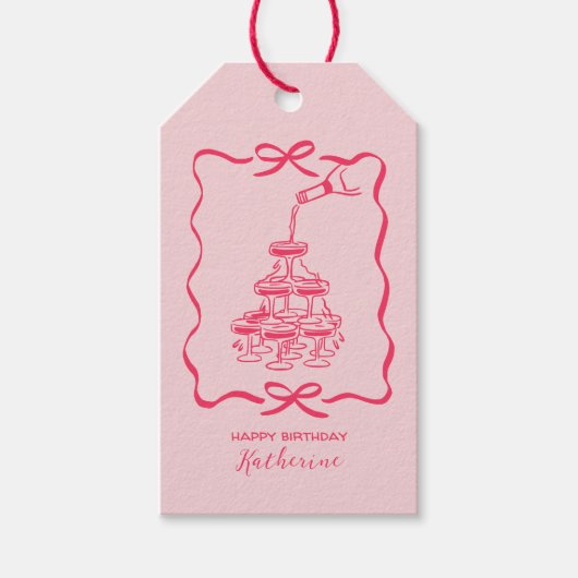 Chic Hand Drawn Pink Champagne Tower Birthday Cadeaulabel (Voorkant)