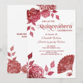 Chic hand fan romantische rozen Quinceañera Kaart (Voorkant / Achterkant)