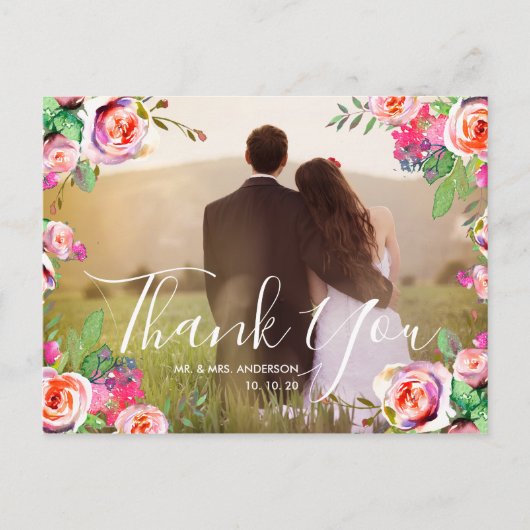 Chic Hand Geletterde Foto Floral Wedding Dank u Briefkaart (Voorkant)