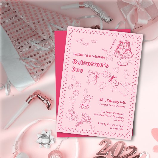 Chic Hand getrokken Champagne Galentine's Day Part Kaart