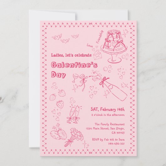 Chic Hand getrokken Champagne Galentine's Day Part Kaart (Voorkant)