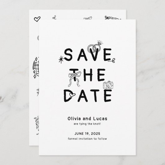 Chic Hand Getrokken Zwart-Wit Trouwen Save The Date (Voorkant / Achterkant)