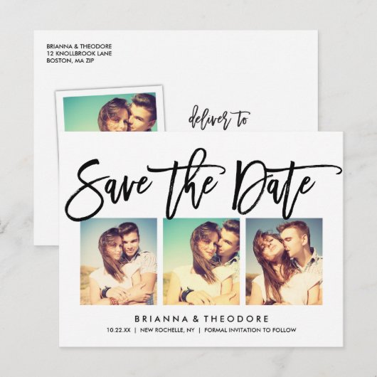 Chic Hand heeft sparen de Datum Foto Collage gedru Aankondigingskaart (Voorkant / Achterkant)