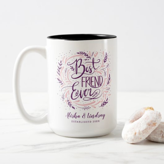 Chic Hand Letterde Beste Vriend ooit Gepersonalise Tweekleurige Koffiemok (Met donut)