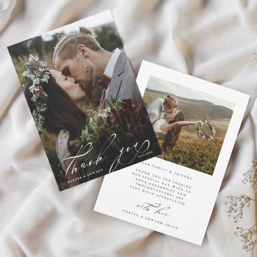 Chic Hand Lettered 2 Photo Wedding Bedankkaart