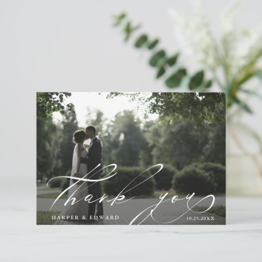 Chic Hand Lettered 2 Photo Wedding Bedankkaart (Staand voorkant)