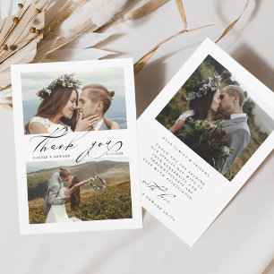 Chic Hand Lettered 3 Photo Wedding Bedankkaart