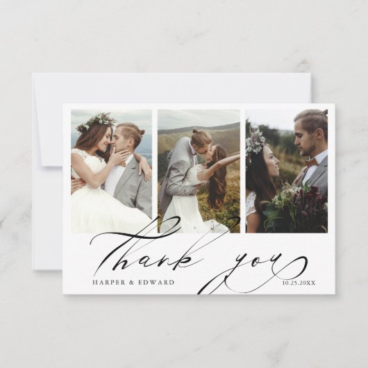Chic Hand Lettered 4 Photo Wedding Bedankkaart (Voorkant)
