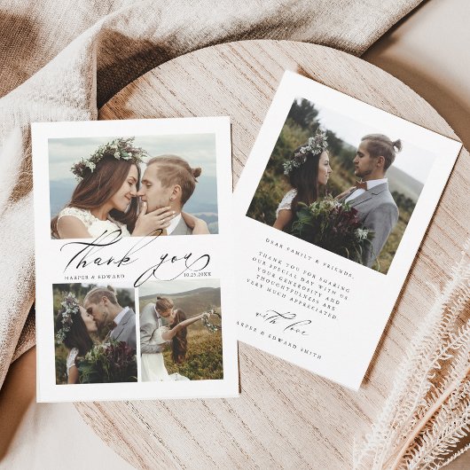 Chic Hand Lettered 4 Photo Wedding Bedankkaart