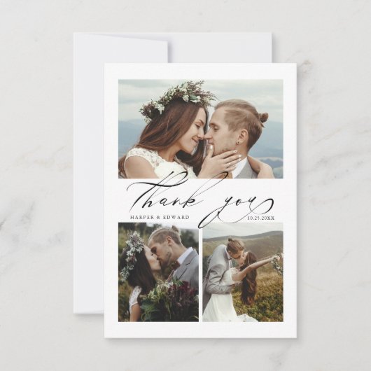 Chic Hand Lettered 4 Photo Wedding Bedankkaart (Voorkant)