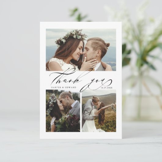 Chic Hand Lettered 4 Photo Wedding Bedankkaart (Staand voorkant)