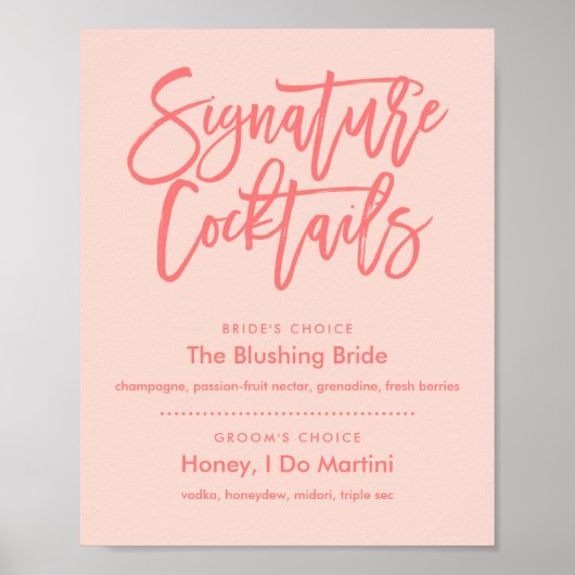 Chic Hand Lettered Coral Signature Cocktails Menu Poster (Voorkant)