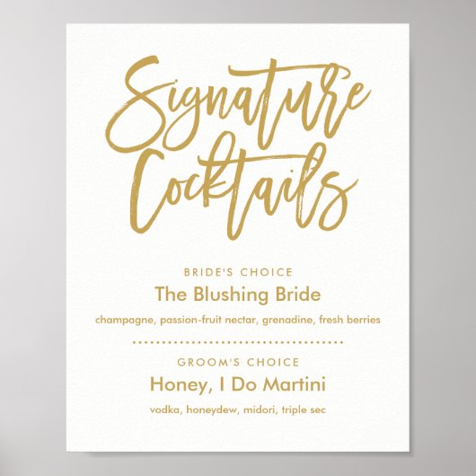 Chic Hand Lettered Gold Signature Cocktails Menu Poster (Voorkant)