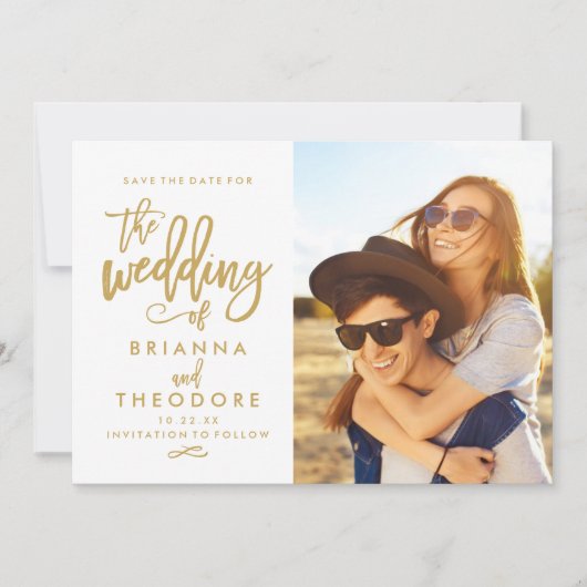 Chic Hand Lettered Gold sparen de Datum Foto Save The Date (Voorkant)