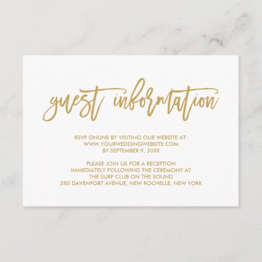 Chic Hand Lettered Gold Wedding Guest Information Informatiekaartje (Voorkant)