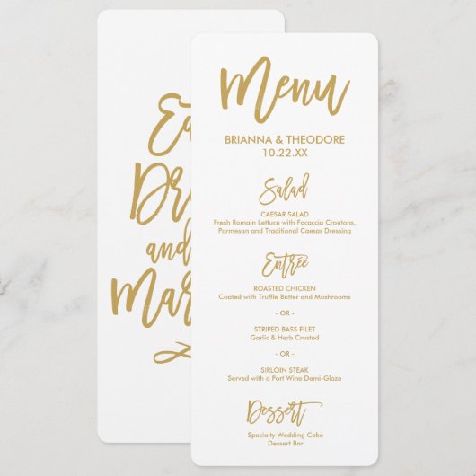 Chic Hand Lettered Gold Wedding Menu (Voorkant / Achterkant)