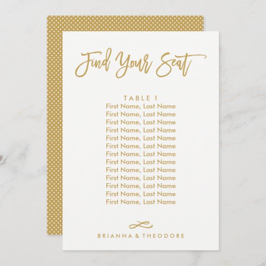 Chic Hand Lettered Individual Seating Chart Gold Kaart (Voorkant / Achterkant)
