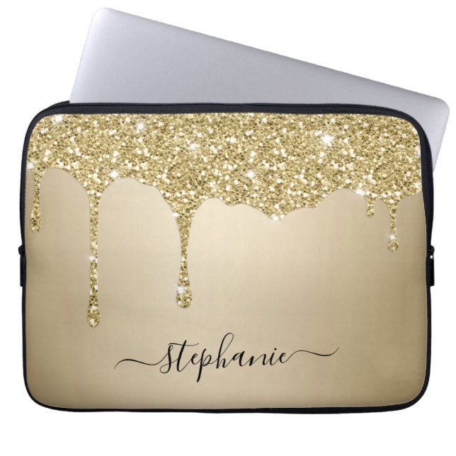Chic Hand Lettered Name Gold Glitter Sparkle Drips Laptop Sleeve (Voorkant)