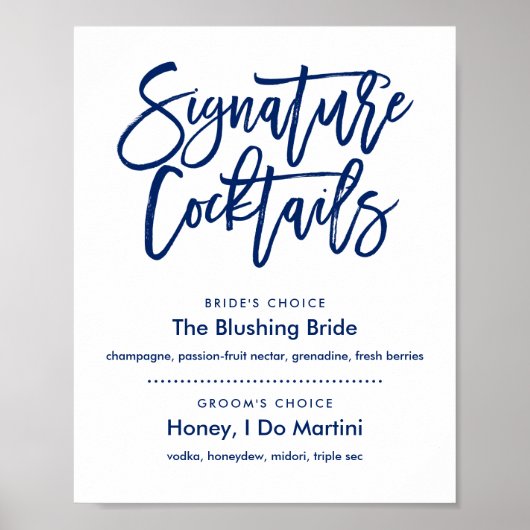Chic Hand Lettered Navy Signature Cocktails Menu Poster (Voorkant)