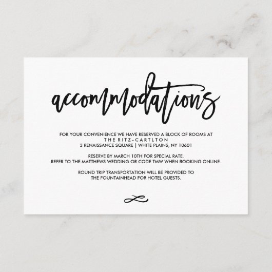 Chic Hand Lettered Reception Accommodations 2-Side Informatiekaartje (Achterkant)