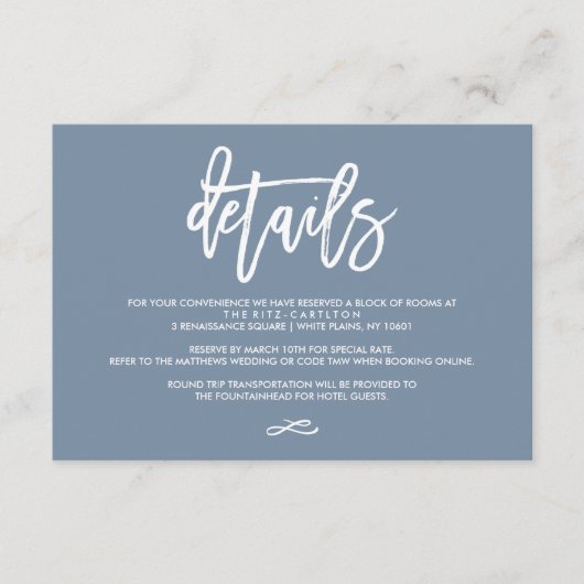 Chic Hand Lettered Wedding Details Dusty Blue Informatiekaartje (Voorkant)