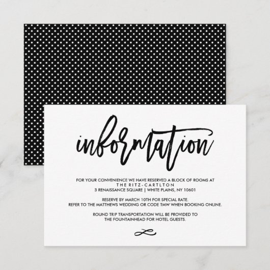 Chic Hand Lettered Wedding Information Card Informatiekaartje (Voorkant / Achterkant)