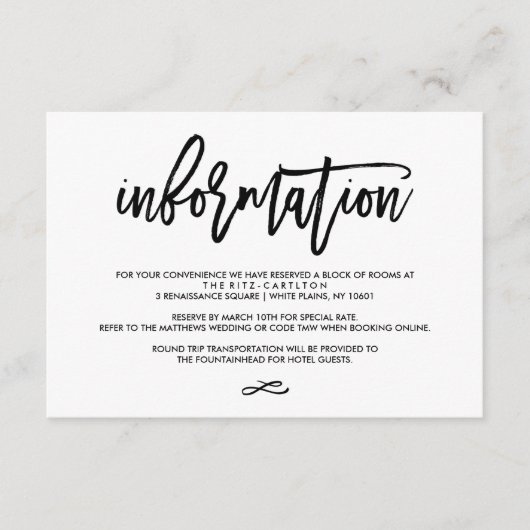 Chic Hand Lettered Wedding Information Card Informatiekaartje (Voorkant)