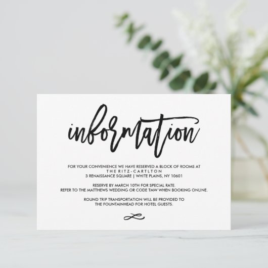 Chic Hand Lettered Wedding Information Card Informatiekaartje (Staand voorkant)