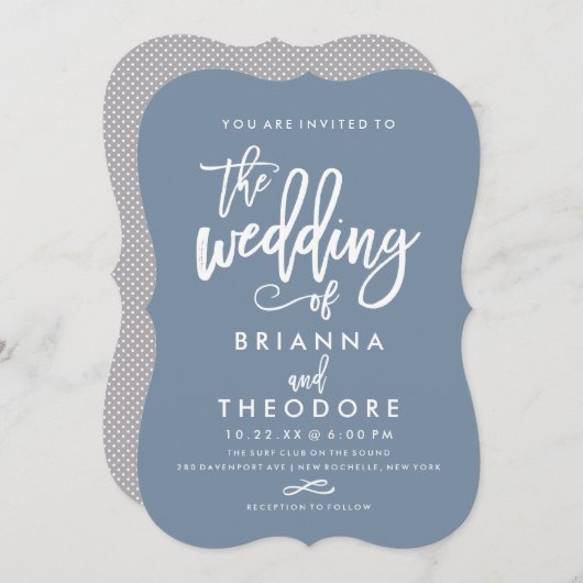 Chic Hand Lettered Wedding Invitation Dusty Blue Kaart (Voorkant / Achterkant)